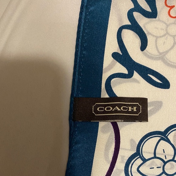 Coach Script and Floral Pattern Scarf with Teal Trim. Scarf is 100% silk - Picture 3 of 3